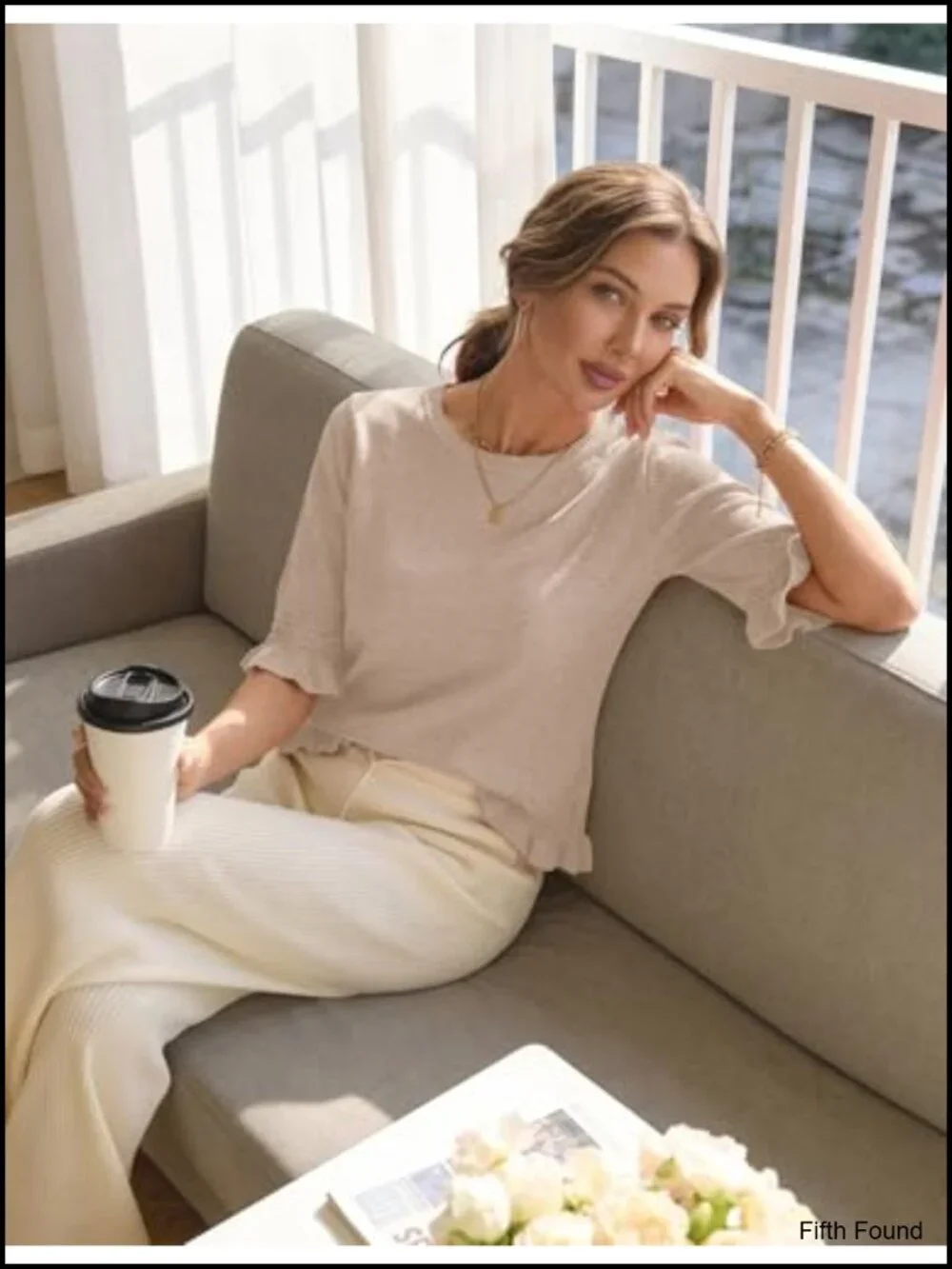 3/4 Sleeve Crewneck Knit Peplum Sweater Tops for Women